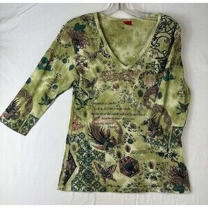 Green Gilma Tee Shirt Buddha Size Small Stretch‎ Writing Boho Yoga Fairy Cute